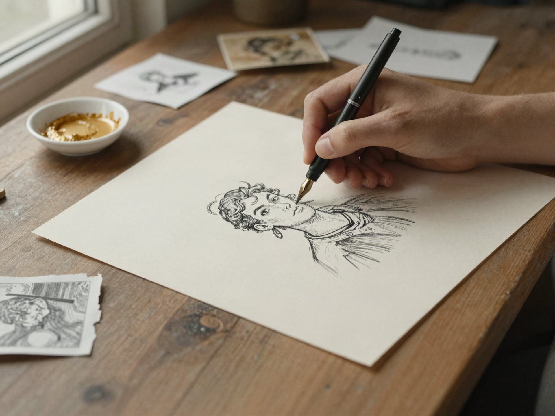 An illustrator's hand inking a character drawing by hand on paper, with reference sketches and paint nearby